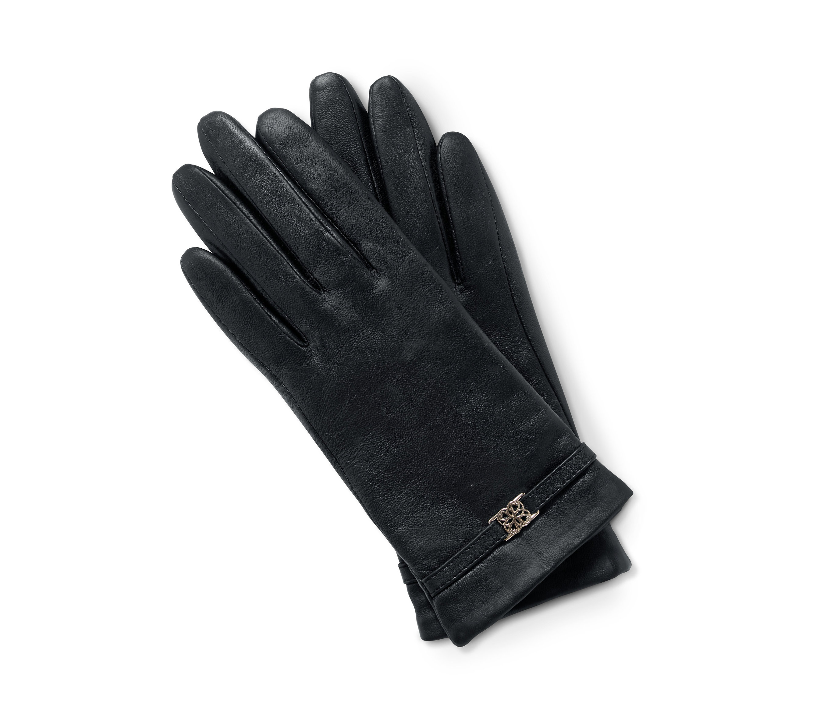 Dekoratif detaylı siyah deri eldiven.