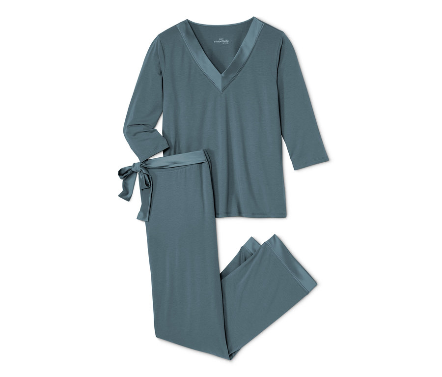 Saten detaylı mavi pijama takımı
