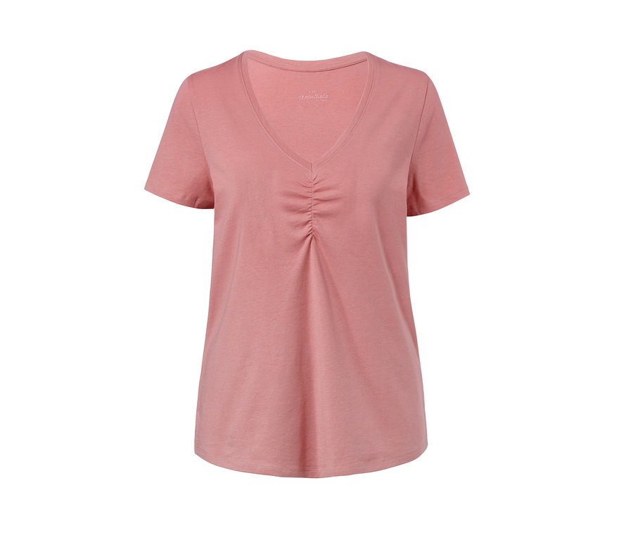 V yakalı ve kısa kollu pembe organik pamuklu kısa pijama takımı.