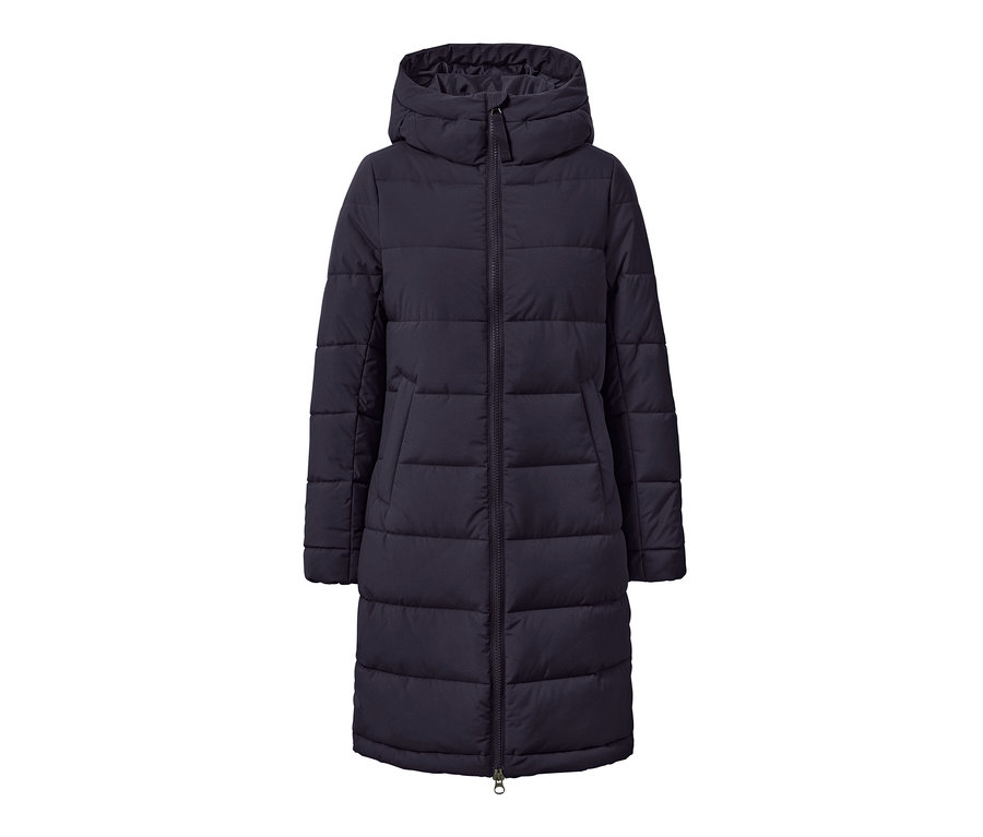 Kapüşonlu ve fermuarlı mavi kapitone manto.