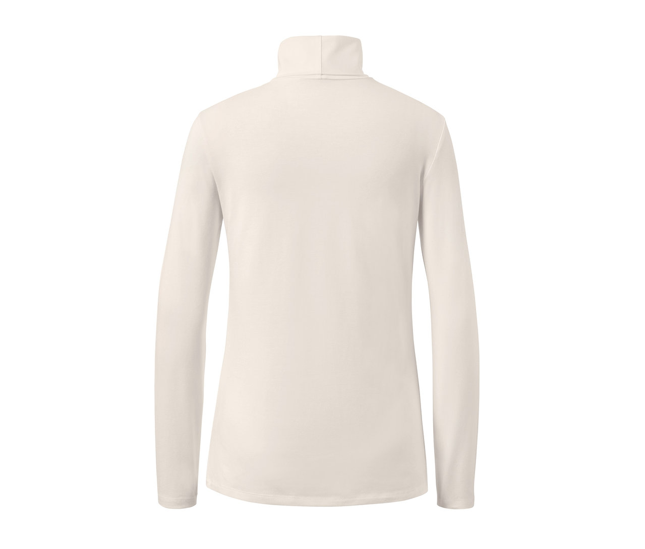 Krem beyaz balıkçı yaka tişörtün arka görünümü.