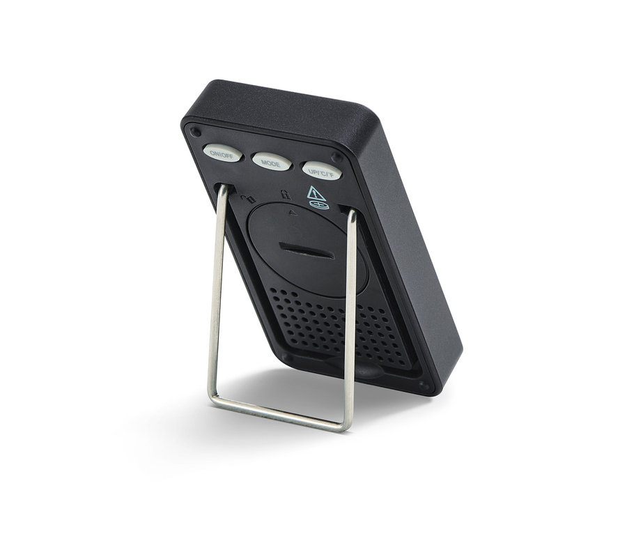 Metal standı olan siyah bir oda termometresinin arka detay görünümü.