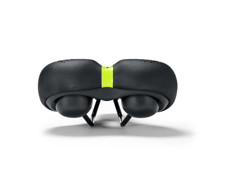 Ortasında neon yeşili şerit bulunan siyah Konforlu Bisiklet Selesi.
