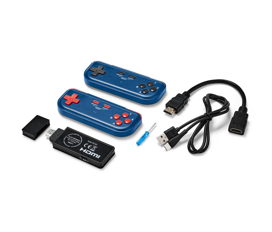 İki adet mavi Retro TV Oyun Konsolu kumandası, HDMI kablosu, USB kablosu ve siyah bir donanım konsolu.