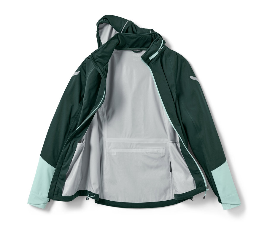 Açık bisiklet yağmurluğu, içi gri, dışı turkuaz kollu koyu yeşil.