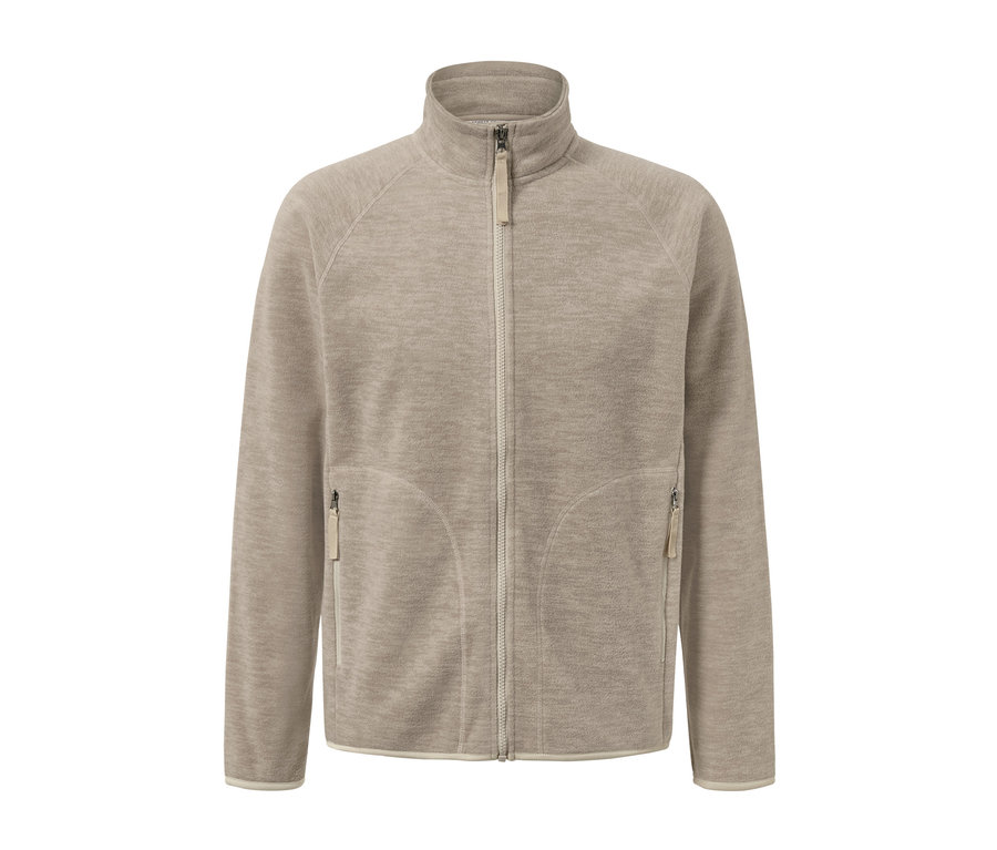 Bej renginde, tam fermuarlı polar ceket.