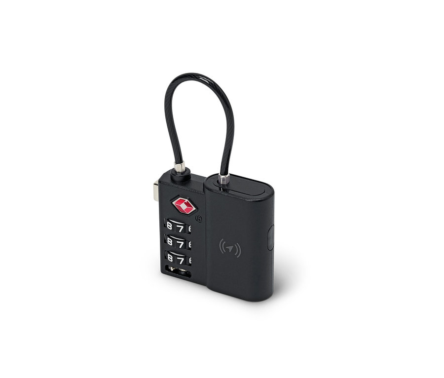 Sayı kodu ve esnek kablosu olan siyah İzleyicili Akıllı TSA Kilit.