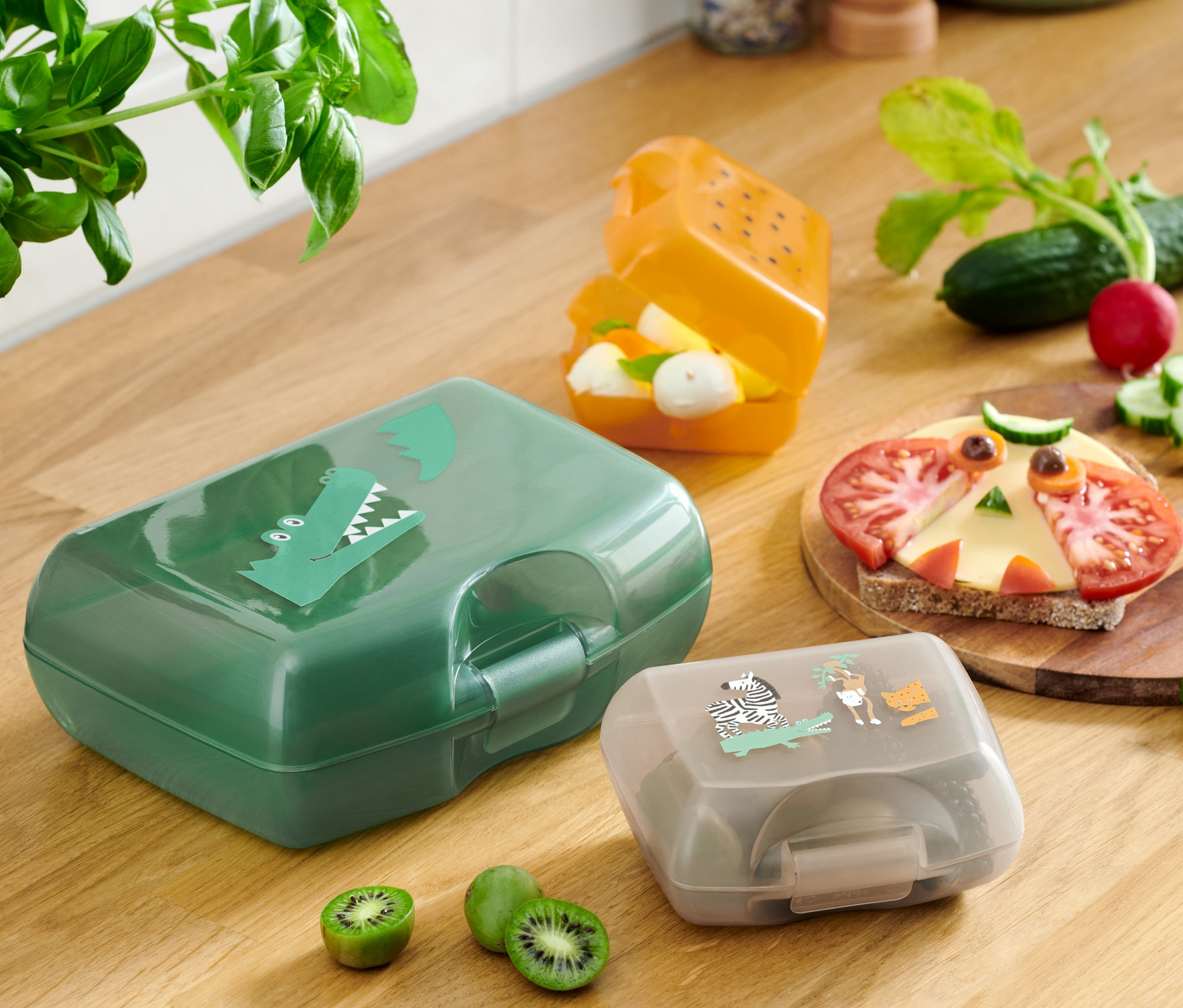 Ahşap bir masa üzerinde yemek ve arka planda bir bitki ile birlikte üç adet Safari Beslenme Kutusu.