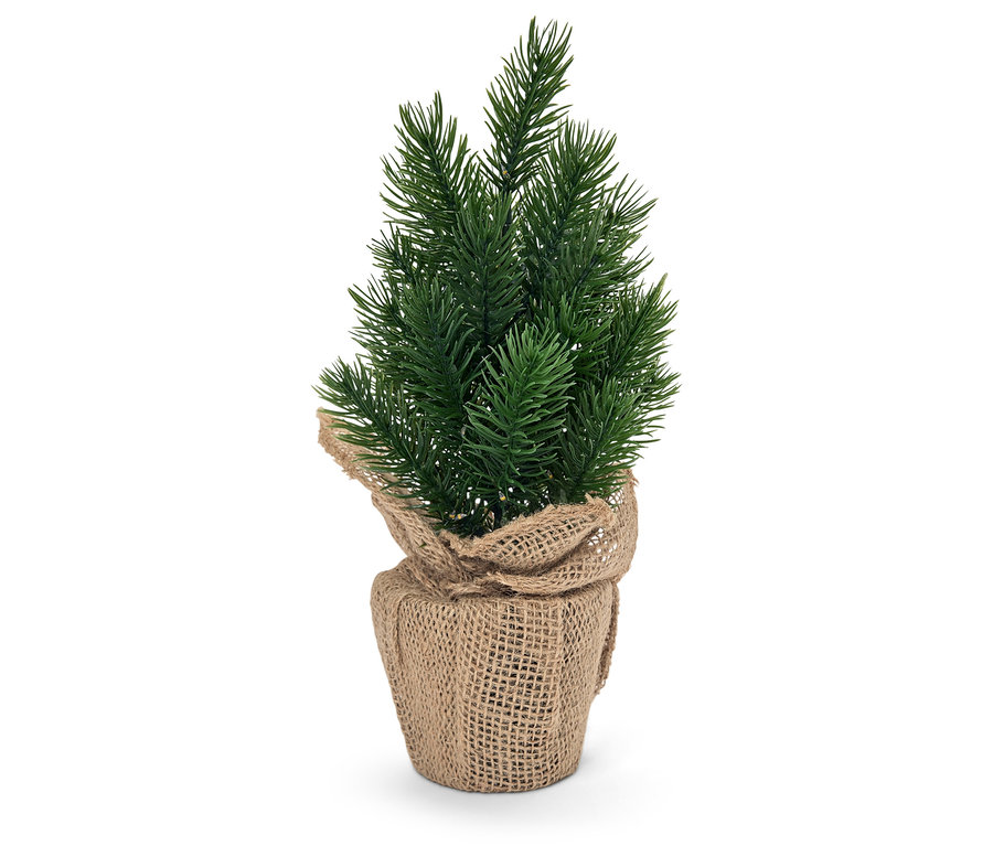 Jüt ambalajında küçük yapay Noel ağacı.