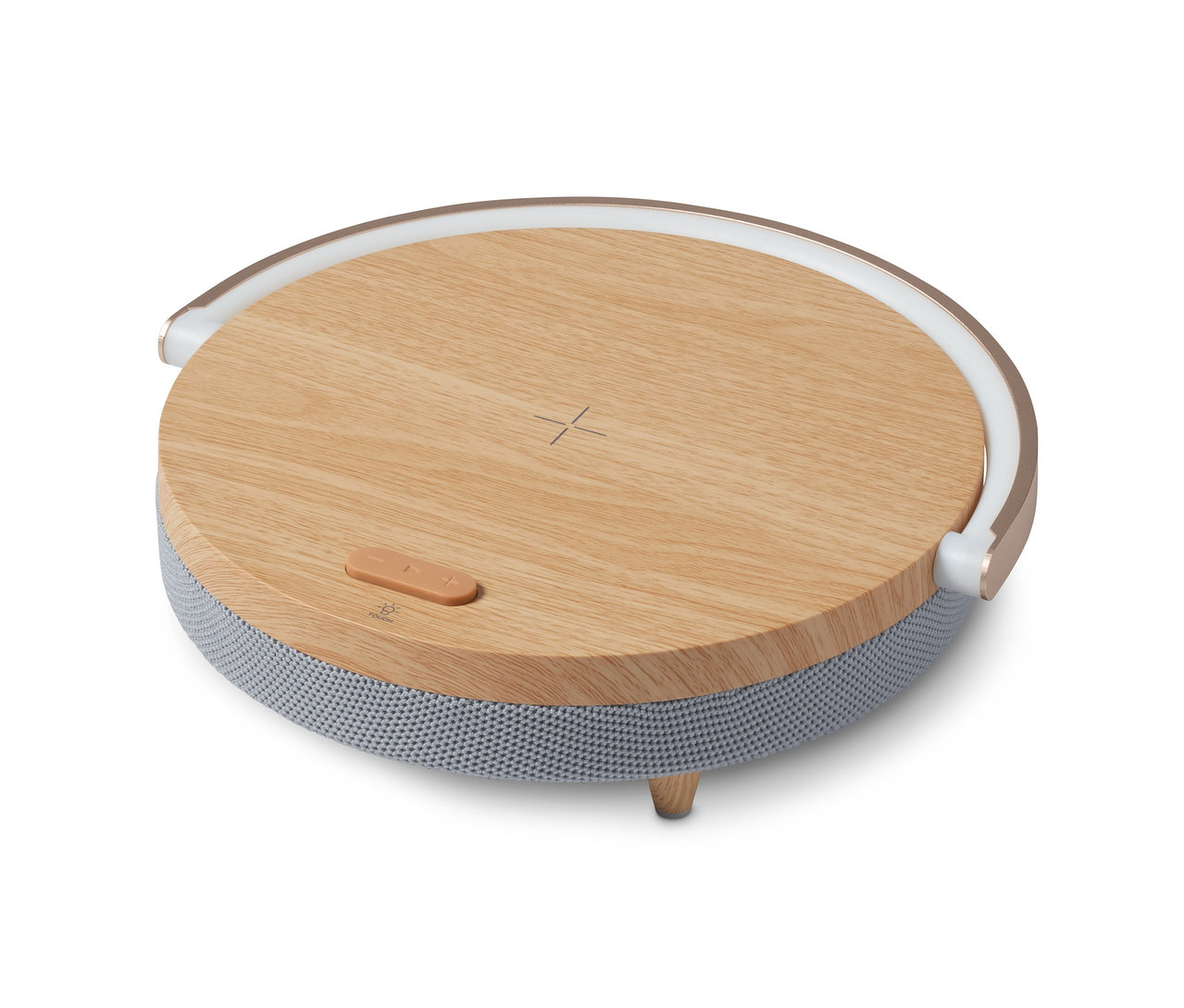 Beyaz arka planda kablosuz şarj cihazı ve LED gece lambası olan bir Bluetooth hoparlör.