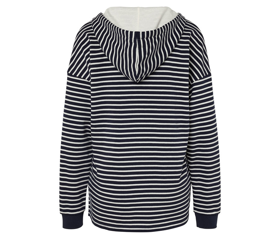 Lacivert ve beyaz renklerde çizgili kapüşonlu bir sweatshirt'ün arka görünümü.