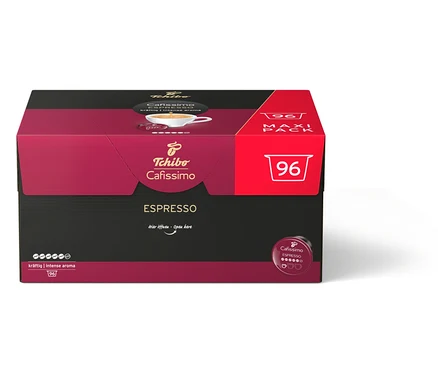 "96 Maxi Pack" yazılı bir paket Tchibo Cafissimo Espresso kapsülü.
