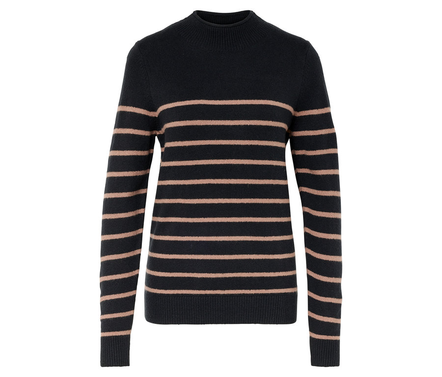 Lacivert balıkçı yaka kazak, yatay açık kahverengi şeritli.