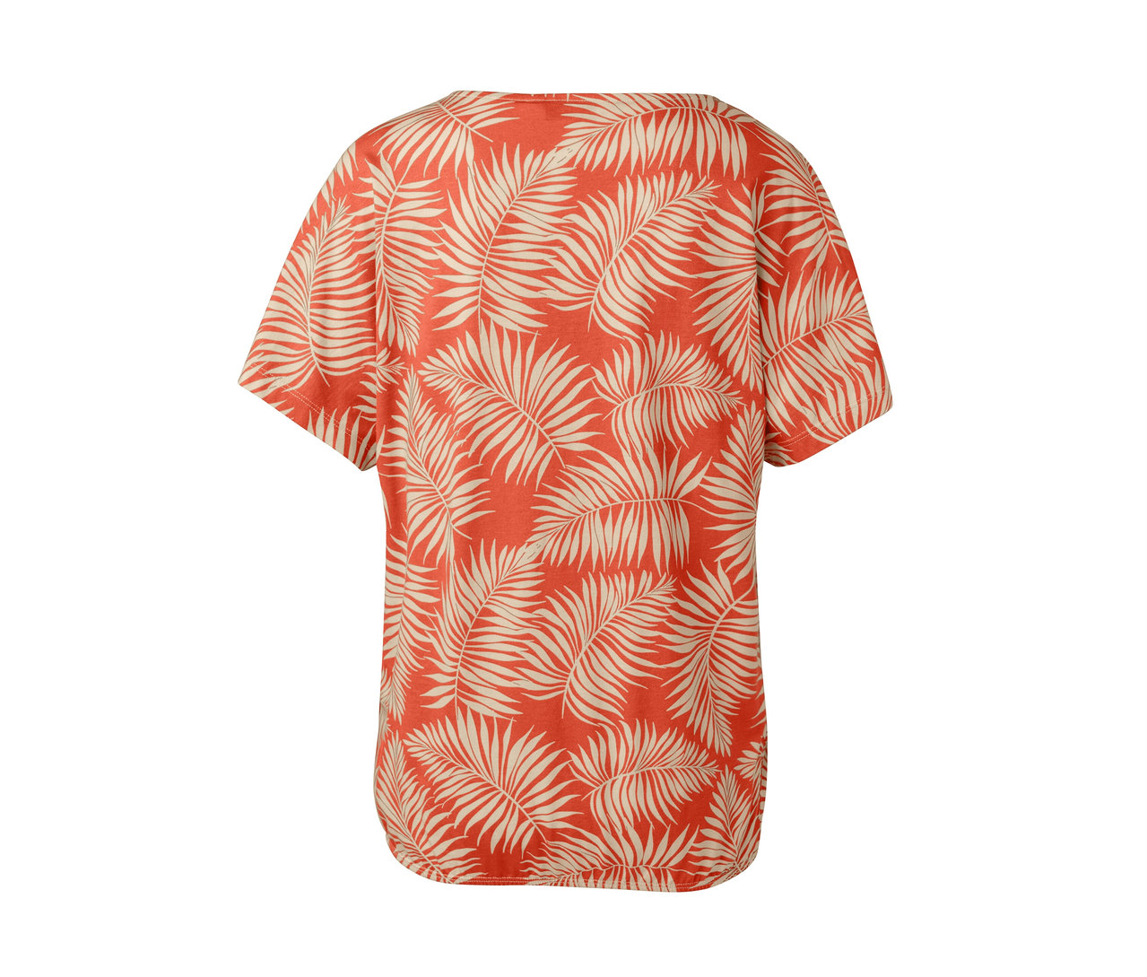 Turuncu ve krem rengi yaprak baskılı bluz gömleğin arka detay görünümü.