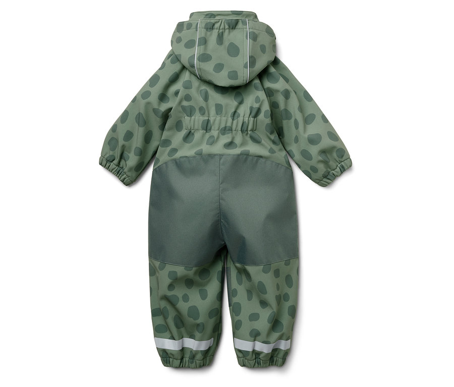 Kapüşonlu, koyu yeşil benekli yeşil tulumun arka görünümü.