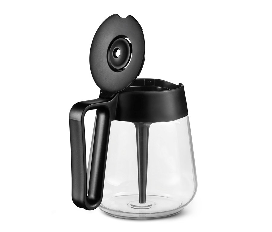 Açık kapaklı siyah »Let's Brew« Filtre Kahve Makinesi'nin yakın çekim görüntüsü.