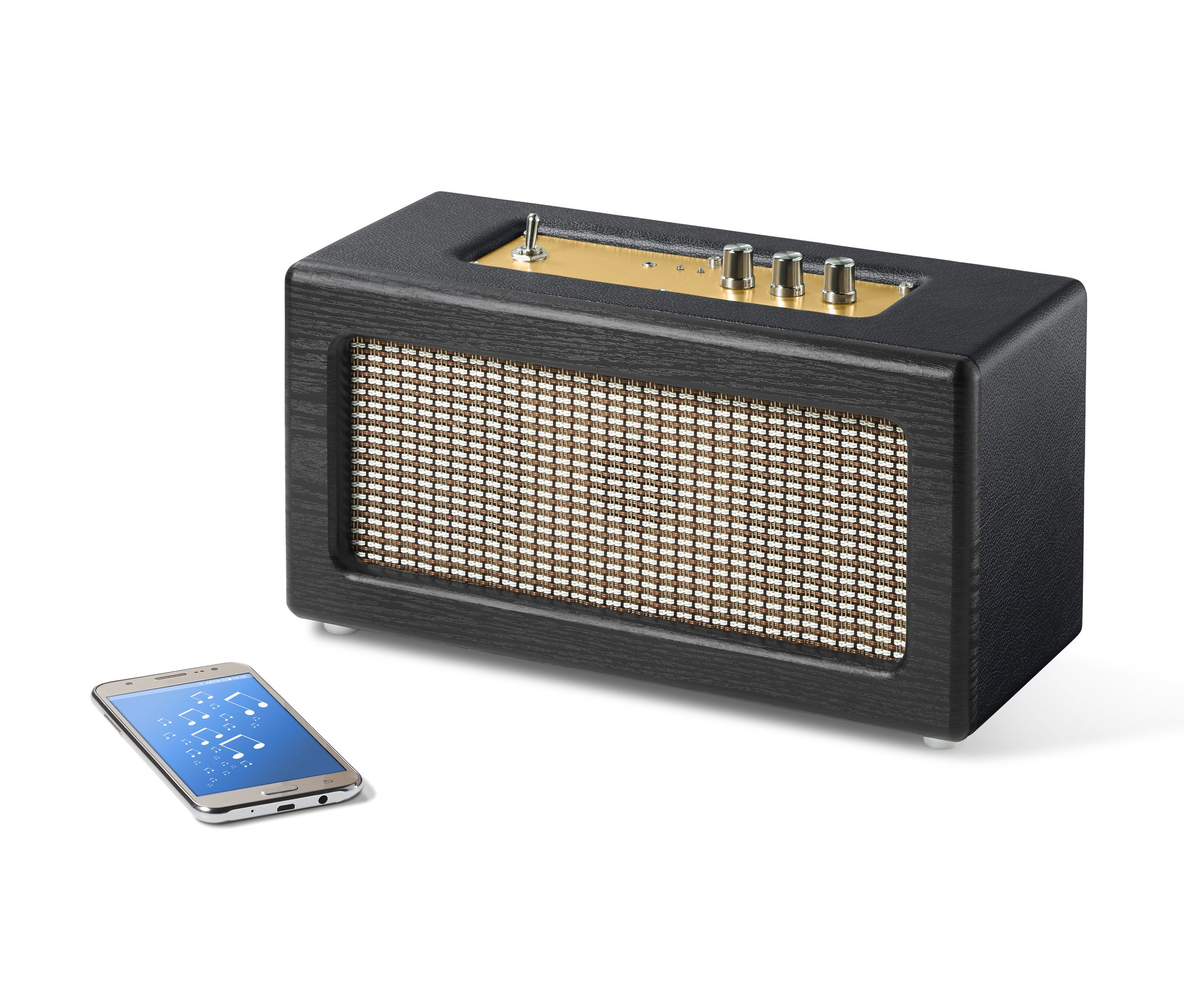 Akıllı telefonun yanında siyah bir Retro Bluetooth® Hoparlör.