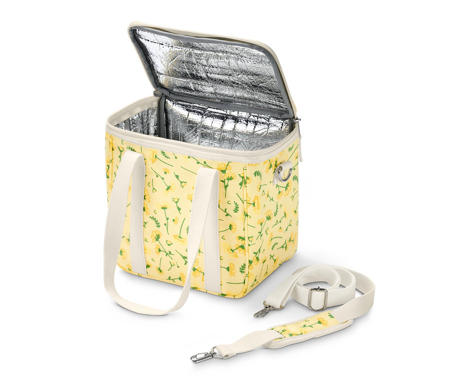 Sarı çiçek desenli ve beyaz şeritli açık soğuk tutan çanta.