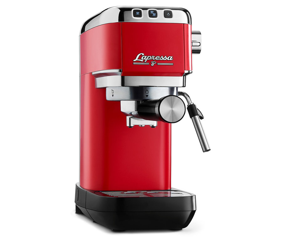 Beyaz bir arka planda kırmızı bir »Lapressa« Portafiltre Makinesi.