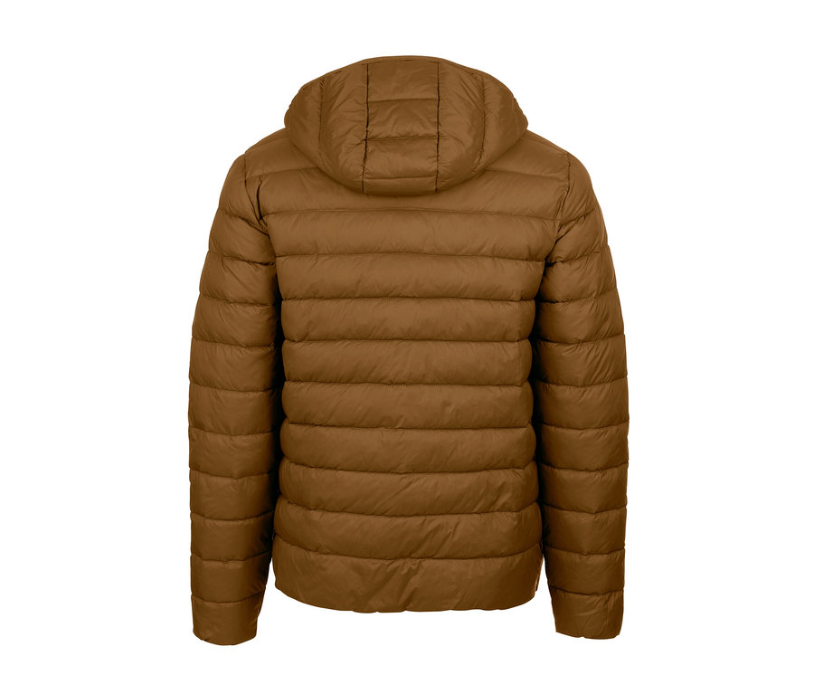 Kapüşonlu Kapitone Montun arka görünümü.