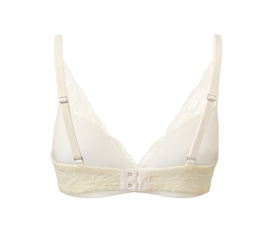 Krem rengi, yumuşak kalıplı bir sütyenin arka detay görünümü.