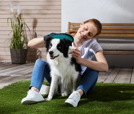 Çimde oturan bir kadın, bir köpeğin üzerinde 2'si 1 Arada Tüy Bakım Eldiveni kullanıyor.