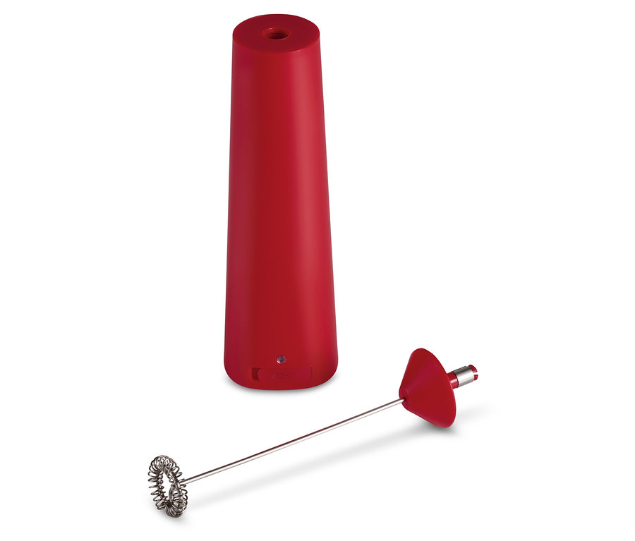 Kırmızı, şarjlı, çıkarılabilir çırpıcılı süt köpürtücü.