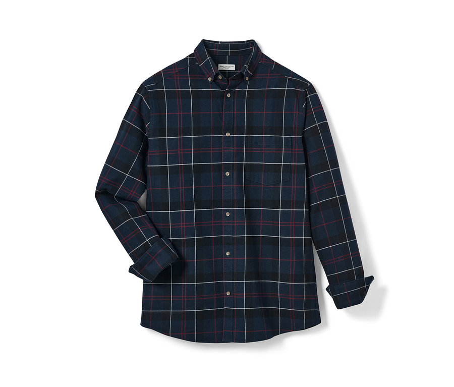 Lacivert, uzun kollu, kareli flanel gömlek.