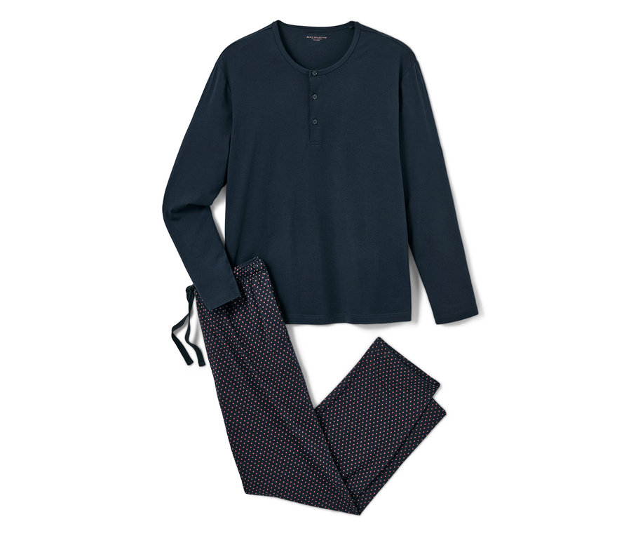 Uzun kollu ve baskılı pantolonlu, modal içerikli lacivert renk pijama takımı.