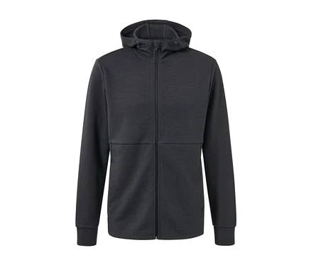 Kapüşonlu ve önden fermuarlı koyu gri fonksiyonel sweat ceket.