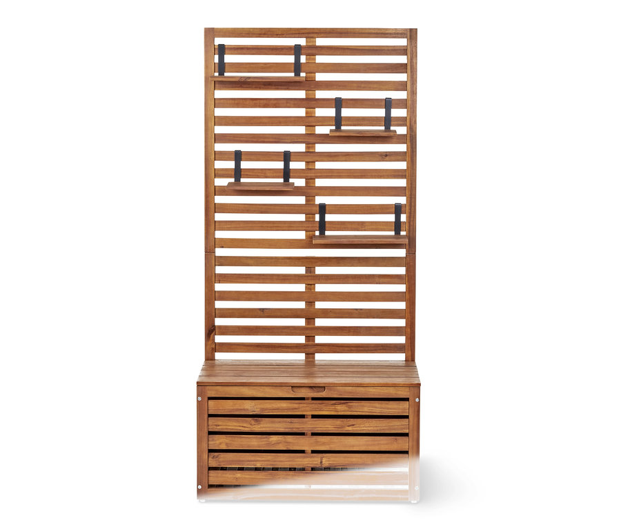 Akasya ağacından yapılmış, depolama alanına sahip paravanlı balkon bankı.