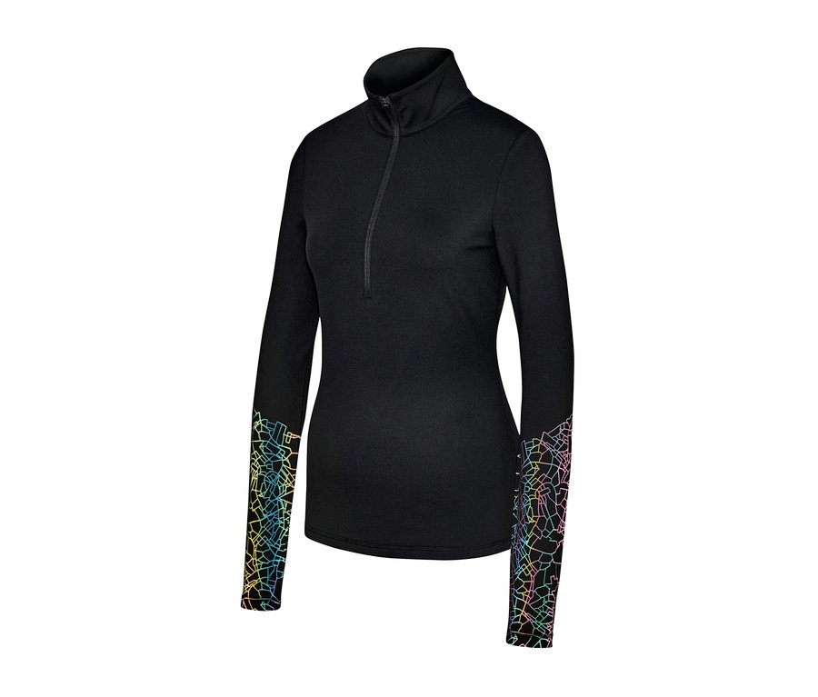 Siyah, uzun kollu, kolları renkli geometrik desenli fonksiyonel termal tişört.