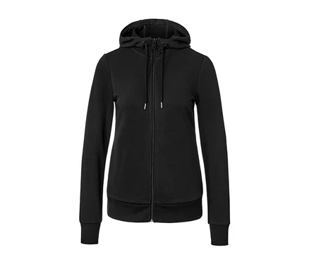 Siyah fermuarlı ve kapüşonlu sweatshirt.