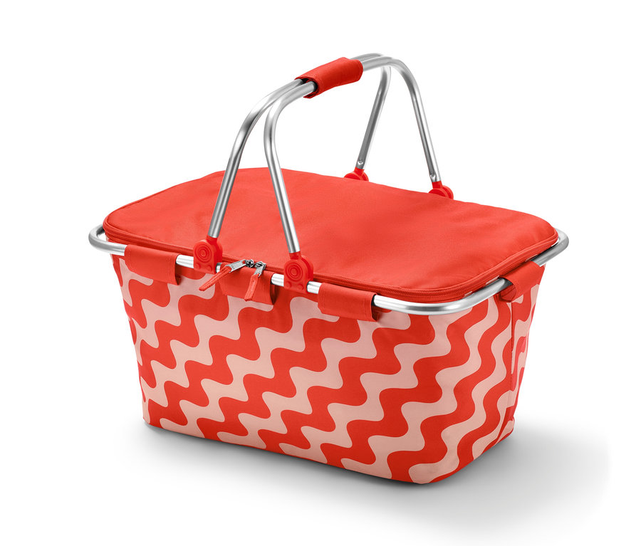 Beyaz dalgalı desenli ve alüminyum saplı kırmızı soğutucu sepet.