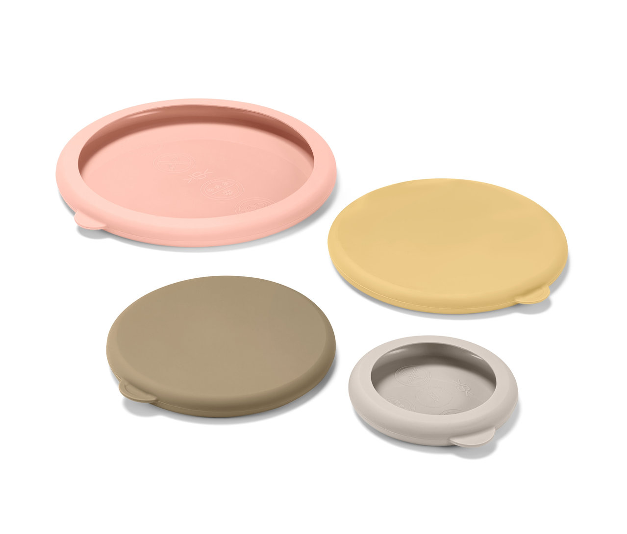 Pembe, sarı, kahverengi ve gri renklerde dört adet Taze Tutan Silikon Kapak.