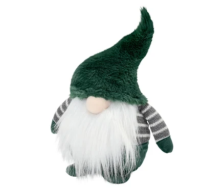 Büyük boy, yeşil tüylü şapkalı, beyaz sakallı ve gri çizgili kollu LED Noel cücesi.