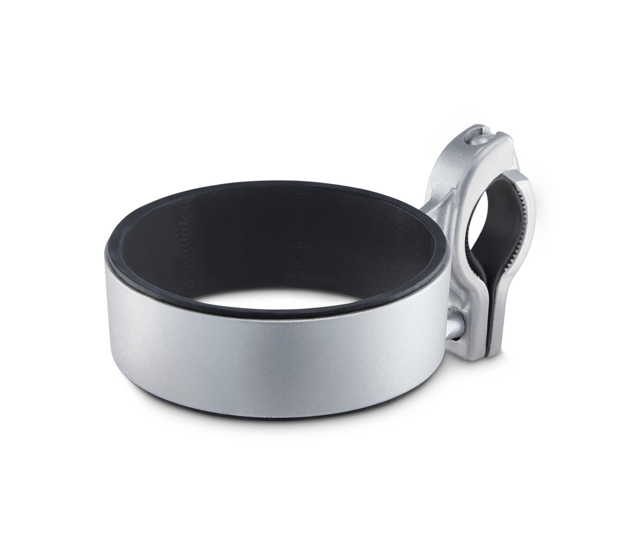 Siyah iç yüzeyli gümüş renkli bisiklet bardaklığı.