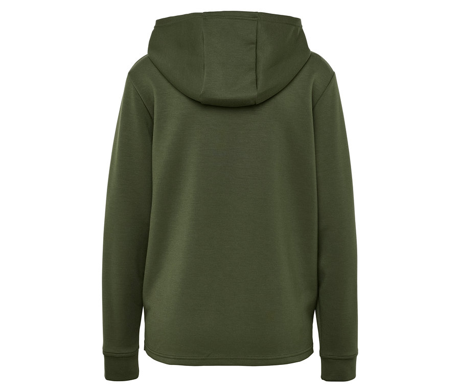 Zeytin yeşili kapüşonlu bir sweatshirtün arka kısmı.