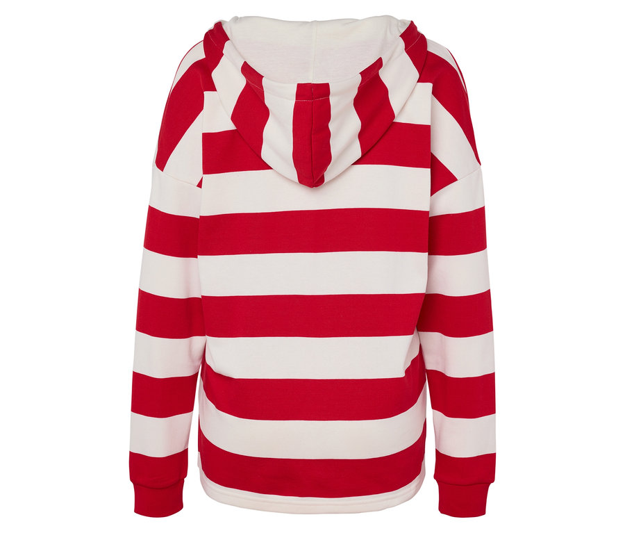 Kırmızı ve beyaz çizgili kapüşonlu bir sweatshirt'ün arka görünümü.