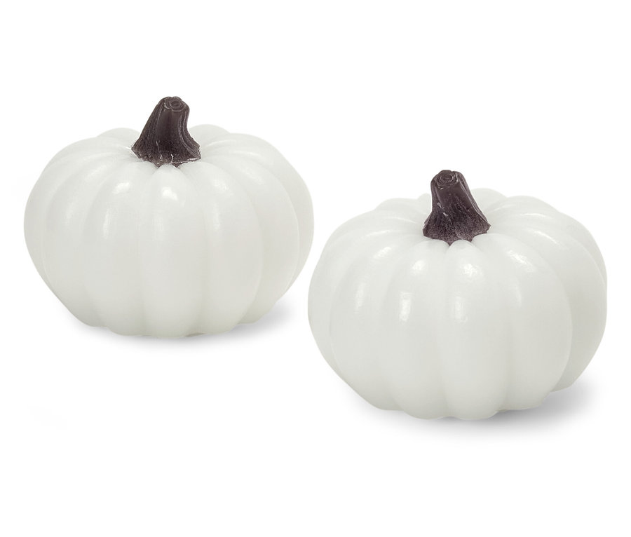 Kahverengi saplı iki beyaz kabak beyaz bir arka plan üzerinde duruyor.