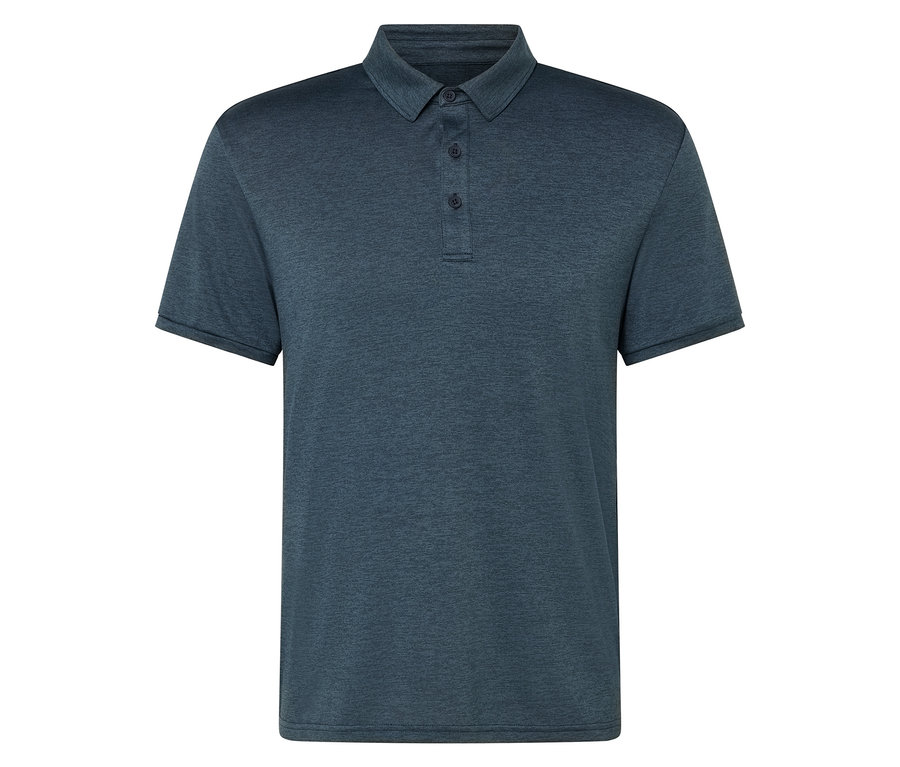 Düğmeli, koyu mavi polo tişört.