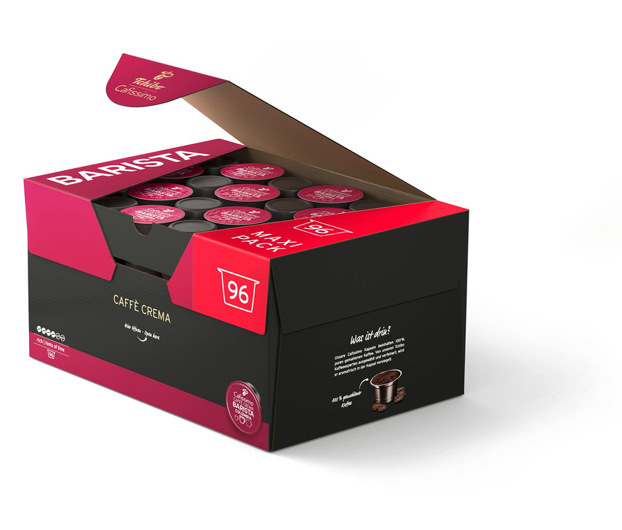 Açık Cafissimo BARISTA Caffè Crema kapsül paketi, 96 adet kapsül içeriyor.