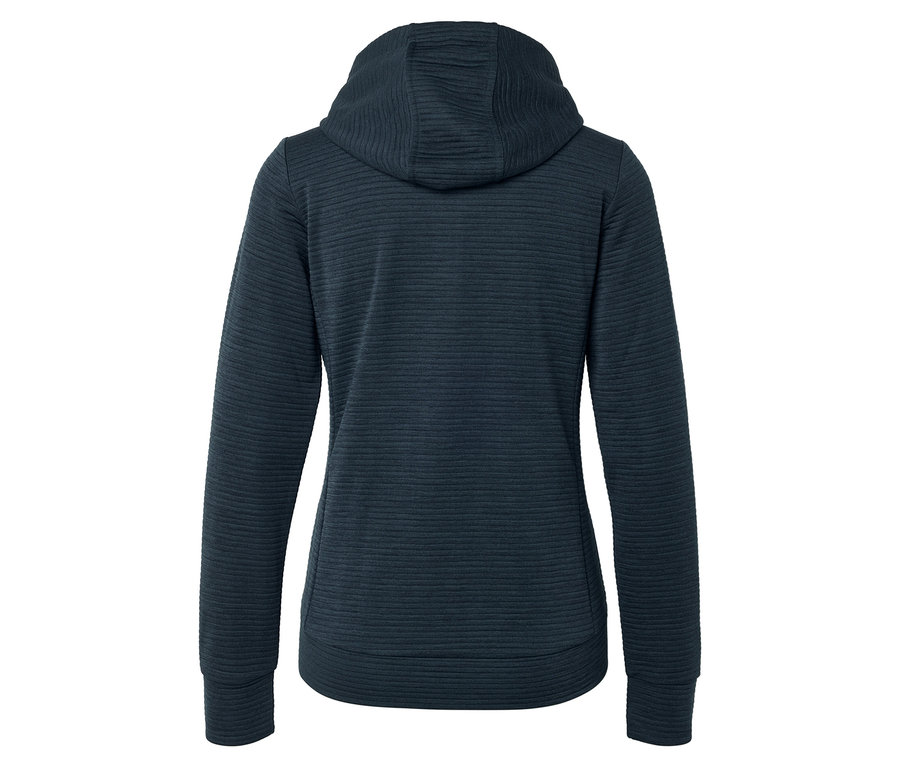 Yatay nervürlü dokuya sahip lacivert kapüşonlu bir sweatshirt'ün arka görünümü.