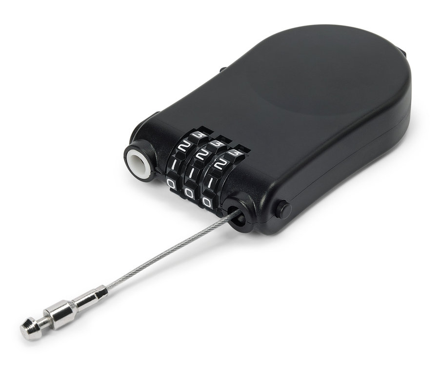 Beyaz arka planda kablolu siyah kombinasyon kilidi.