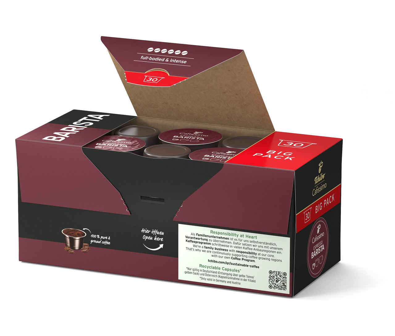 Açık, kahverengi kahve kapsülleri ambalajı. Ambalajın üzerinde "BARISTA" ve "30 BIG PACK" yazmaktadır.