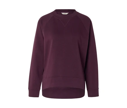 Bordo, uzun kollu, yuvarlak yakalı sweatshirt.