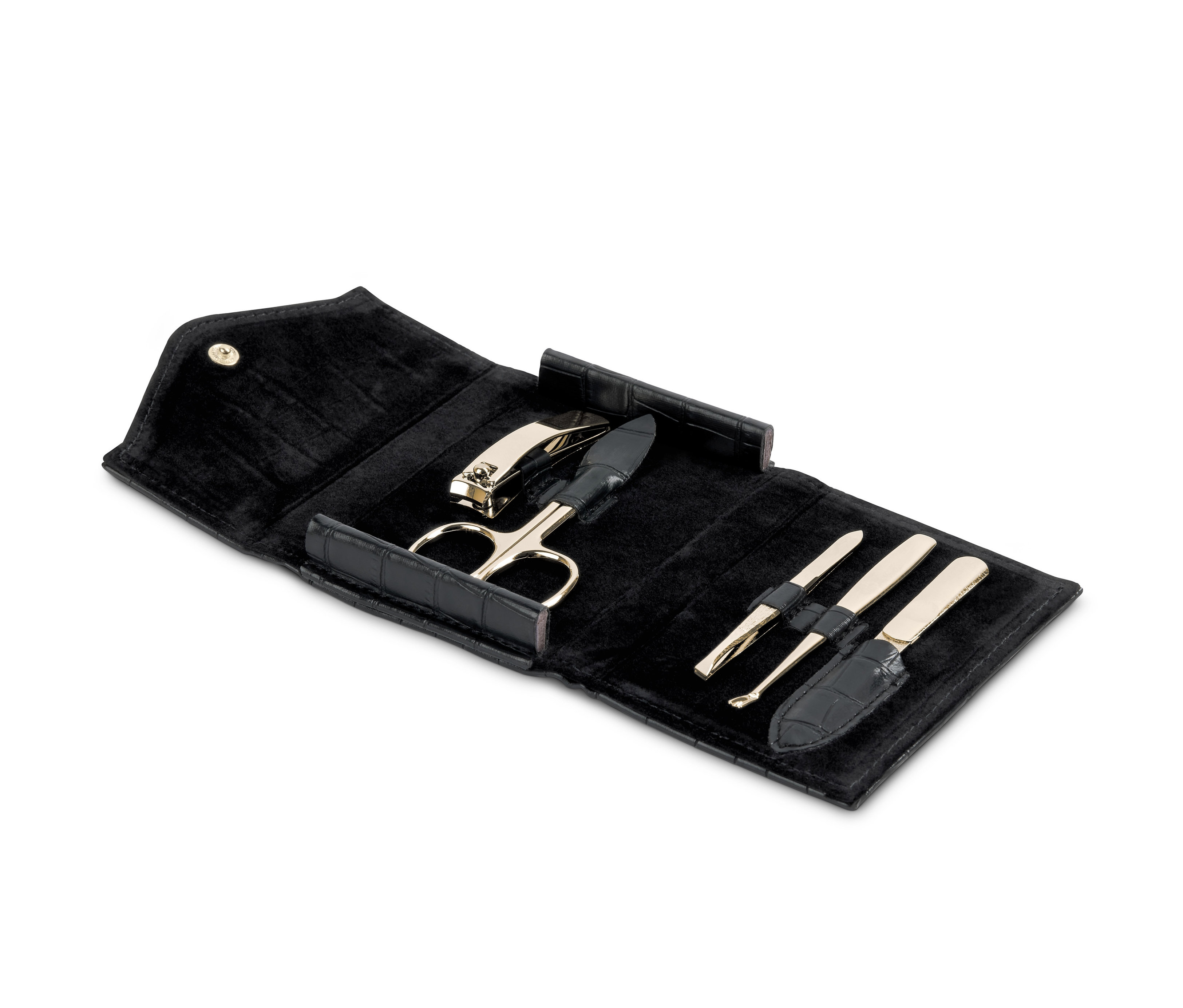 Siyah renkli, seyahat için manikür pedikür seti, içerisinde makas, tırnak makası ve diğer aletler bulunmaktadır.