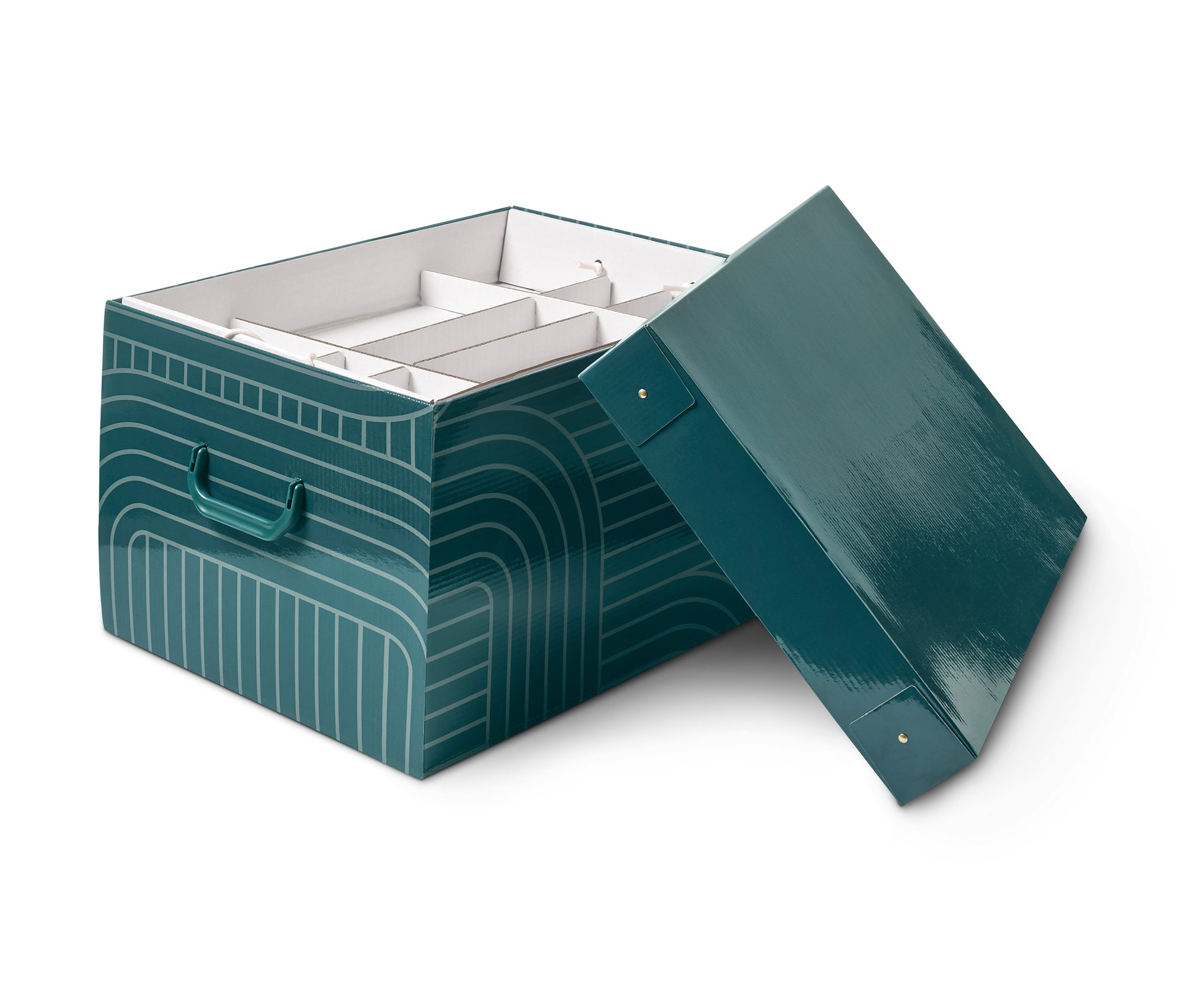 Kapaklı ve iç bölmeleri olan açık Yılbaşı Süsü Saklama Kutusu