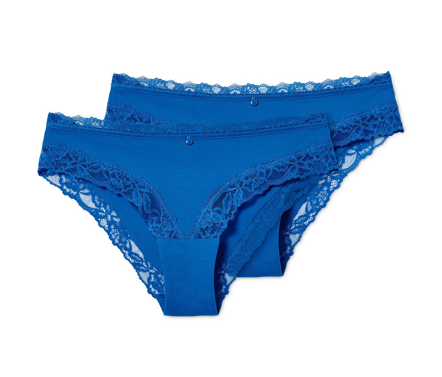 Dantelli, mavi renkli iki adet Brazilian slip külot.