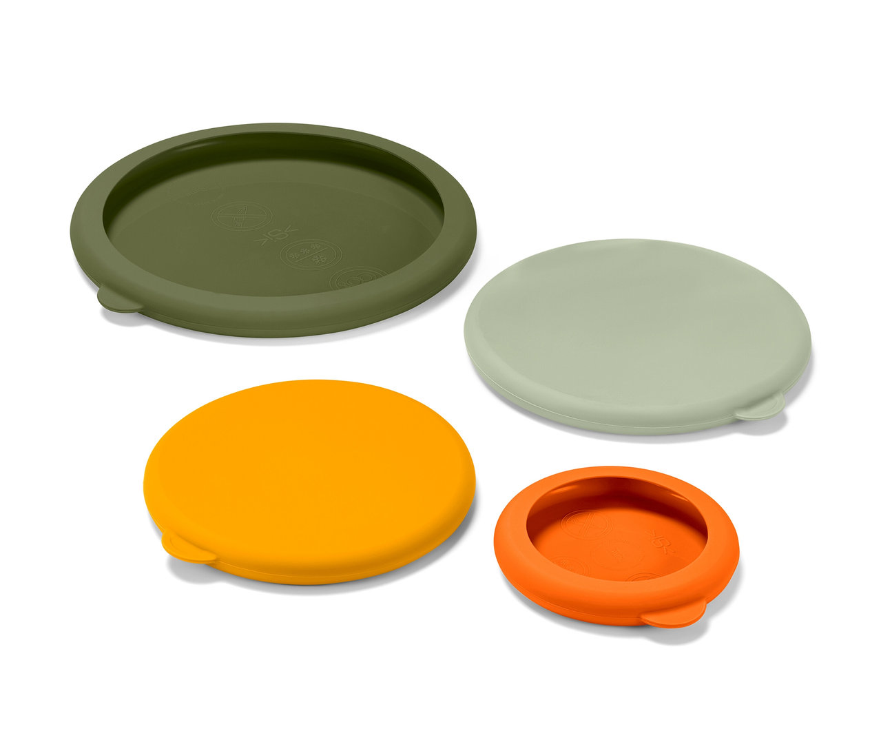Zeytin yeşili, açık yeşil, sarı ve turuncu renklerde dört adet taze tutan silikon kapak.